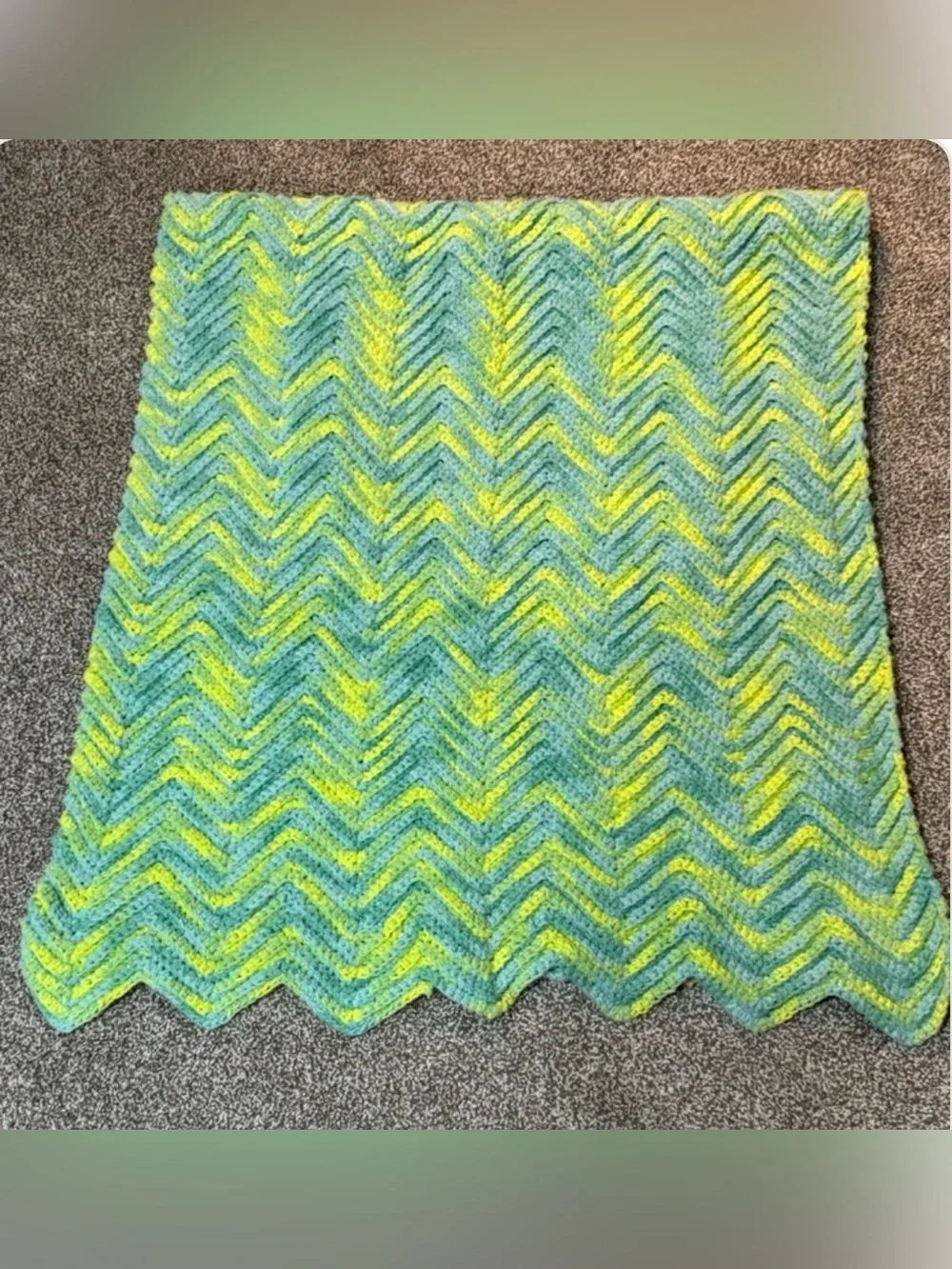 Handcrafted 66 x 29 Inch Chevron Afghan Multicolored Green with Yellow - New